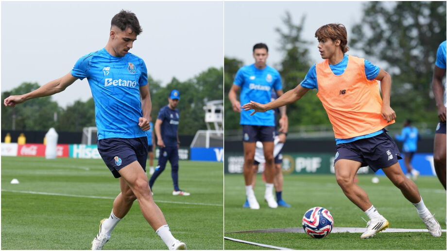 Gabri Veiga (à esquerda) e Rodrigo Mora (à direita) durante o treino do FC Porto