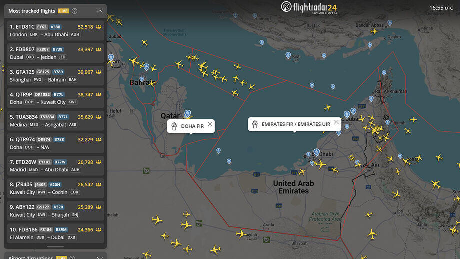 Captura de ecrã do site Flight Radar