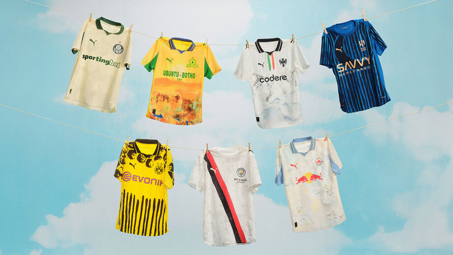 As camisolas de Manchester City, Borussia Dortmund, FC Salzburg, Mamelodi Sundowns, Al-Hilal, Palmeiras e Monterrey