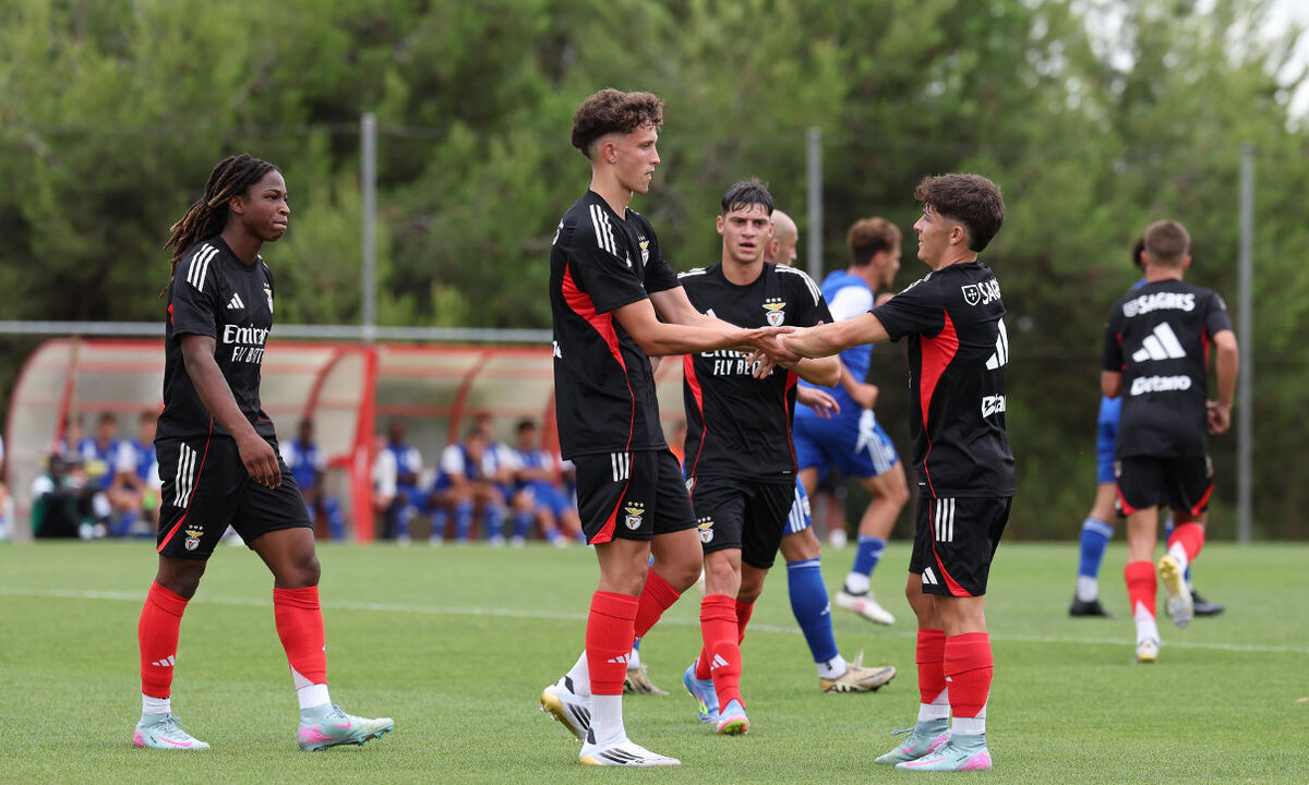 Jogadores do Benfica celebram num campo relvado
