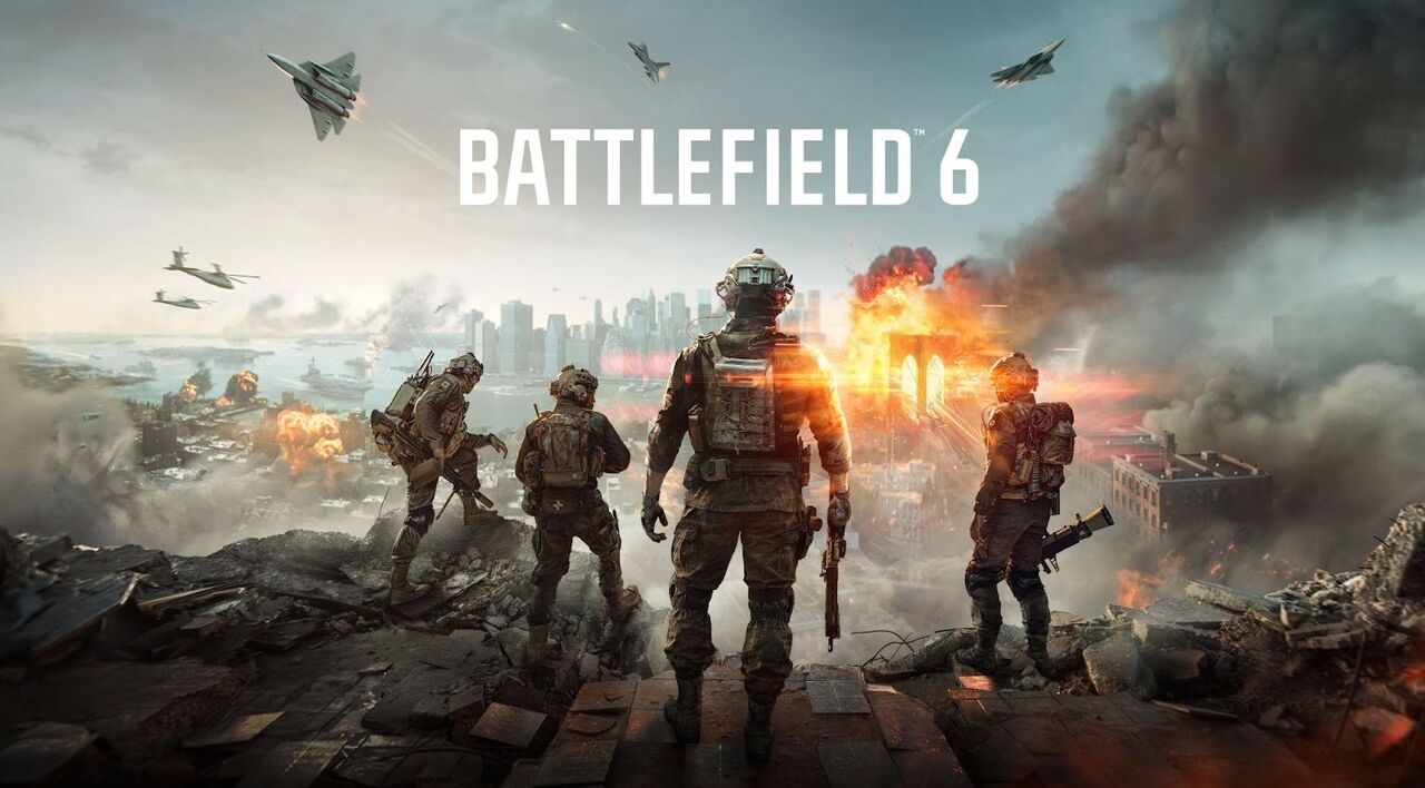 Imagem promocional do jogo Battlefield 6 com soldados num cenário de guerra em Nova Iorque