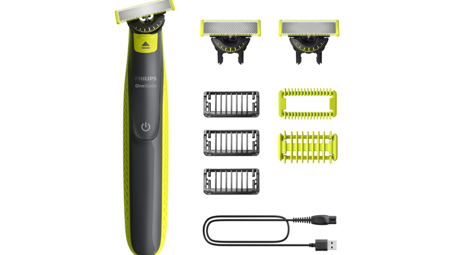 Aparelho Philips OneBlade com acessórios e cabo de carregamento