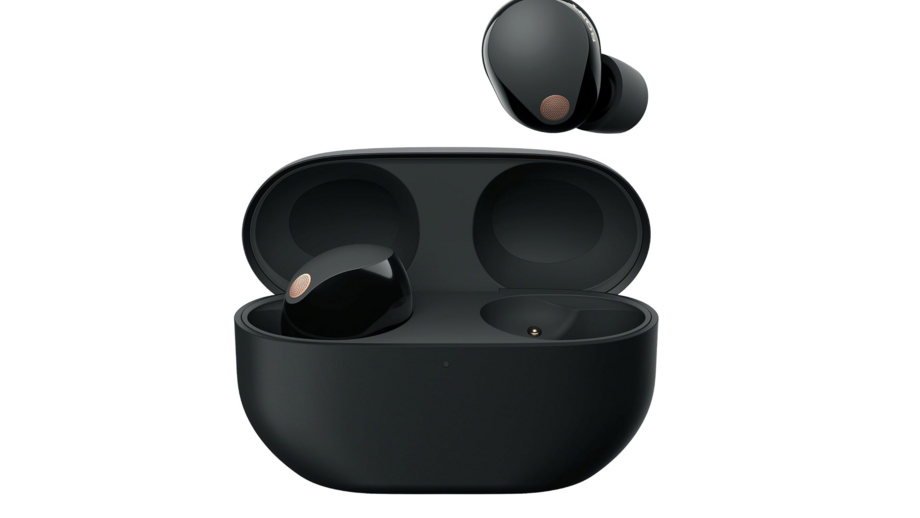 Auriculares sem fios pretos com estojo aberto