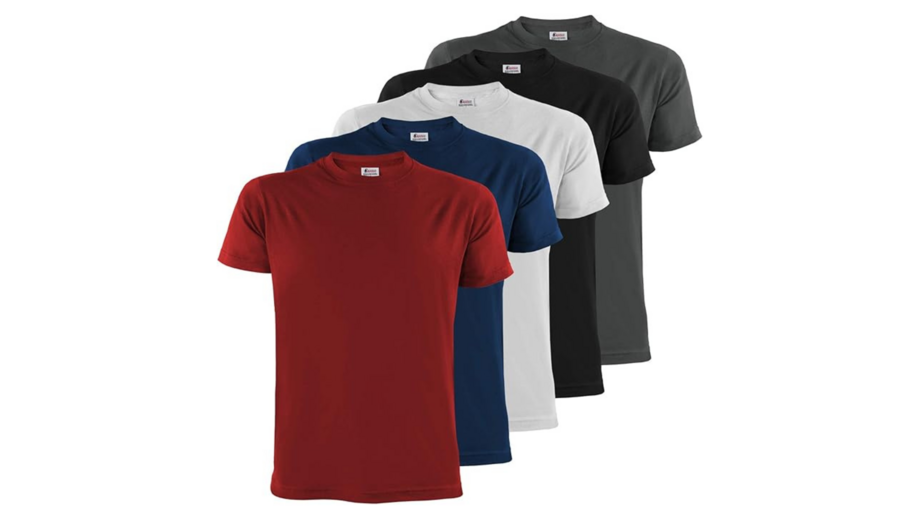 T-shirts de várias cores alinhadas em fundo branco