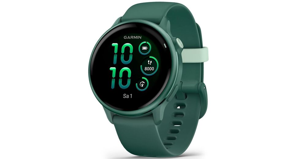 Relógio Garmin com ecrã digital a mostrar 10:10 e 8000 passos