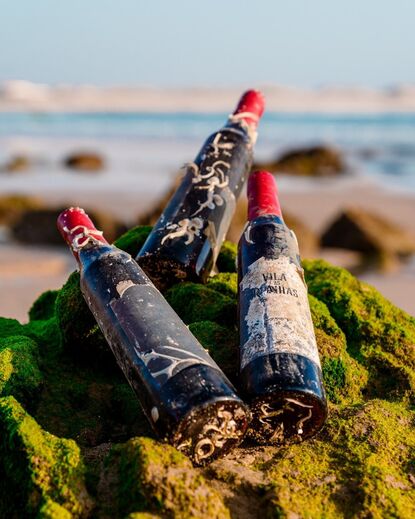 Garrafas de vinho 'Vila das Rainhas' em musgo, perto da praia