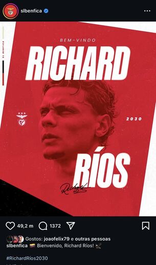 Richard Ríos assina e João Félix coloca 'gosto' em publicação