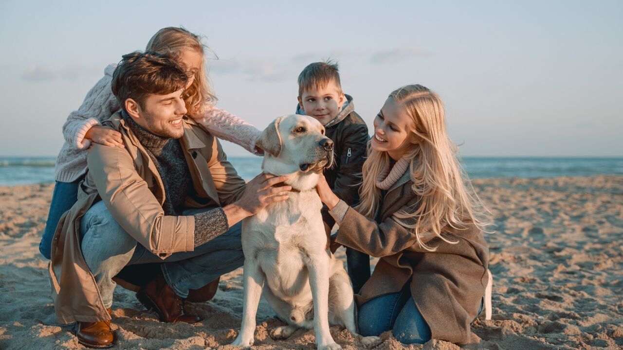 família com cão na praia