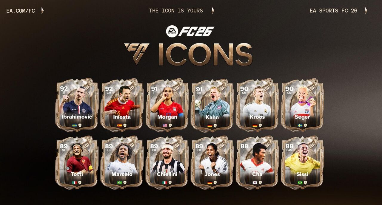 FC 26 apresenta os Icons: Ibrahimović, Iniesta, Morgan, Kahn, Kroos, Seger, Totti, Marcelo, Chiellini, Jones, Cha