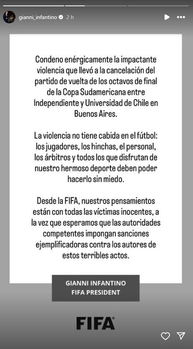 Infantino condena violência no jogo Independiente-U.Chile e apela a sanções