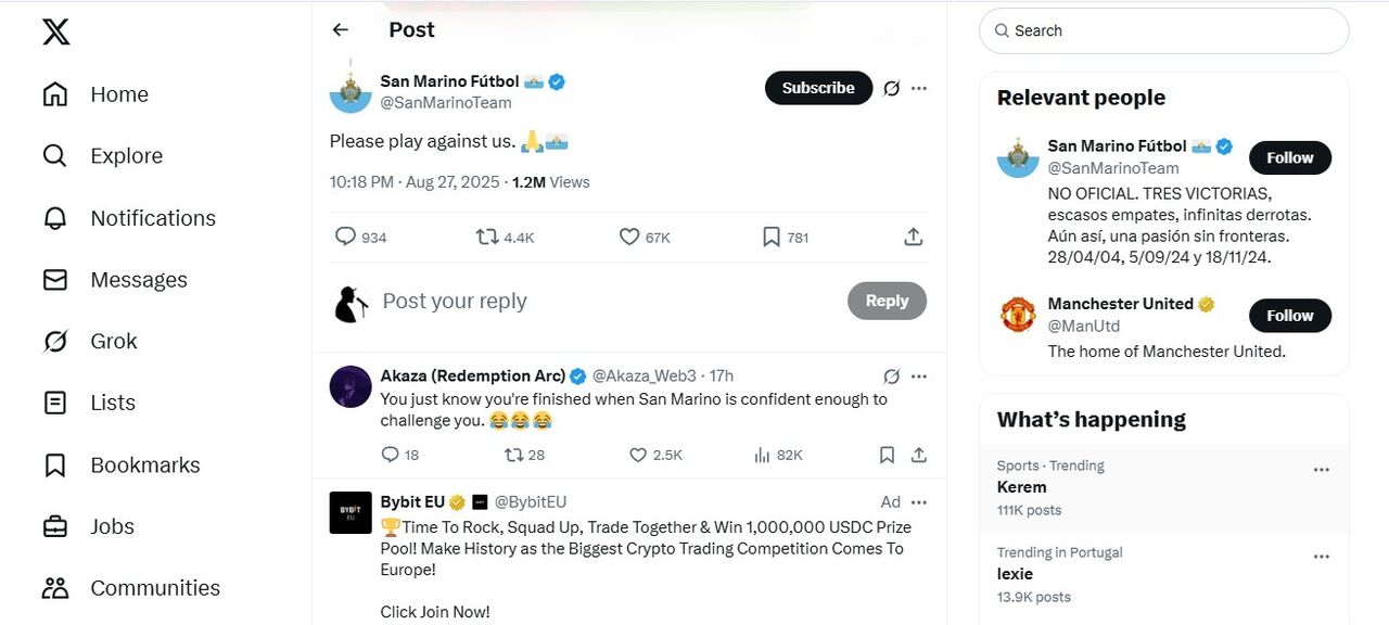 São Marino desafia Manchester United para um jogo.
