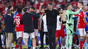 Roger Schmidt festeja com a equipa do Benfica após vencer o Club Brugge na Liga dos Campeões