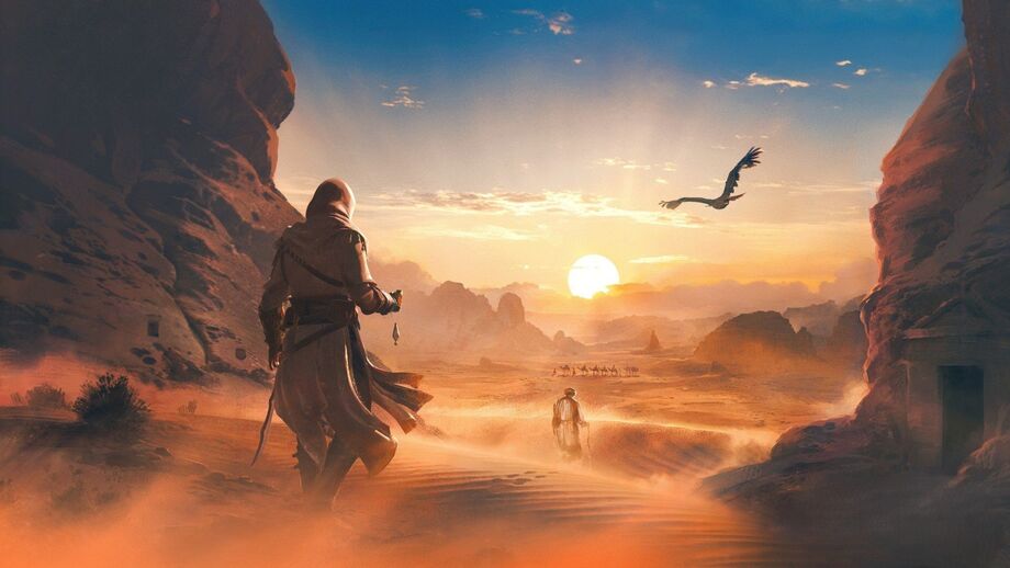 Bayek caminha no deserto egípcio