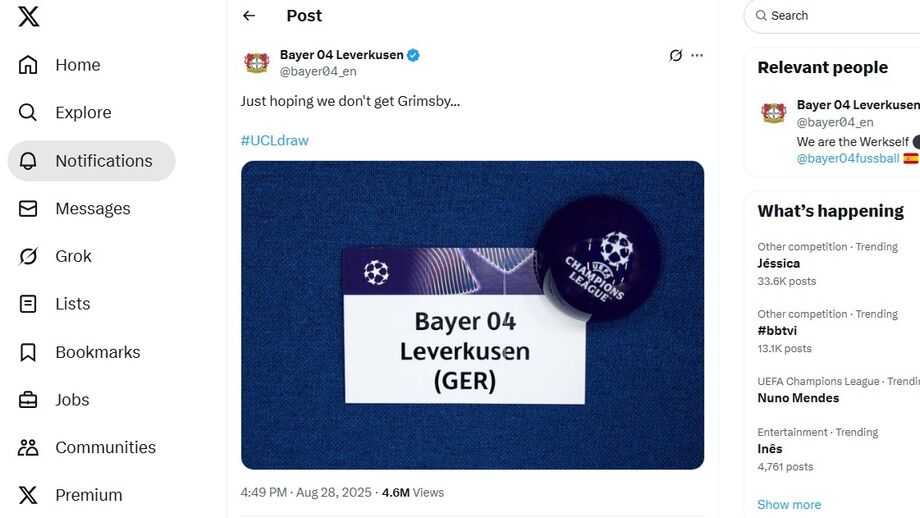 Leverkusen espera evitar o Grimsby no sorteio da Champions League