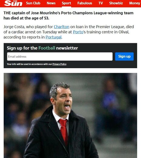 The Sun: «O capitão da equipa do FC Porto, de José Mourinho, vencedor da Liga dos Campeões, morreu aos 53 anos»