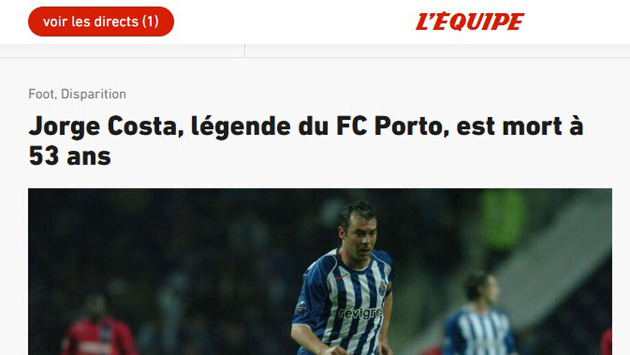 L'Équipe: «Jorge Costa, lenda do FC Porto, morre aos 53 anos»