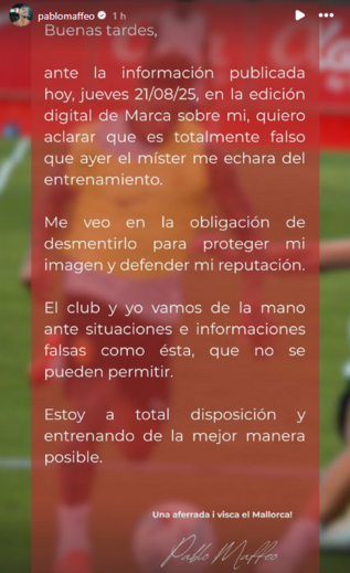 A mensagem de Pablo Maffeo nas redes sociais