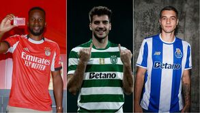 Jogadores de Benfica, Sporting e Porto exibem equipamentos dos clubes