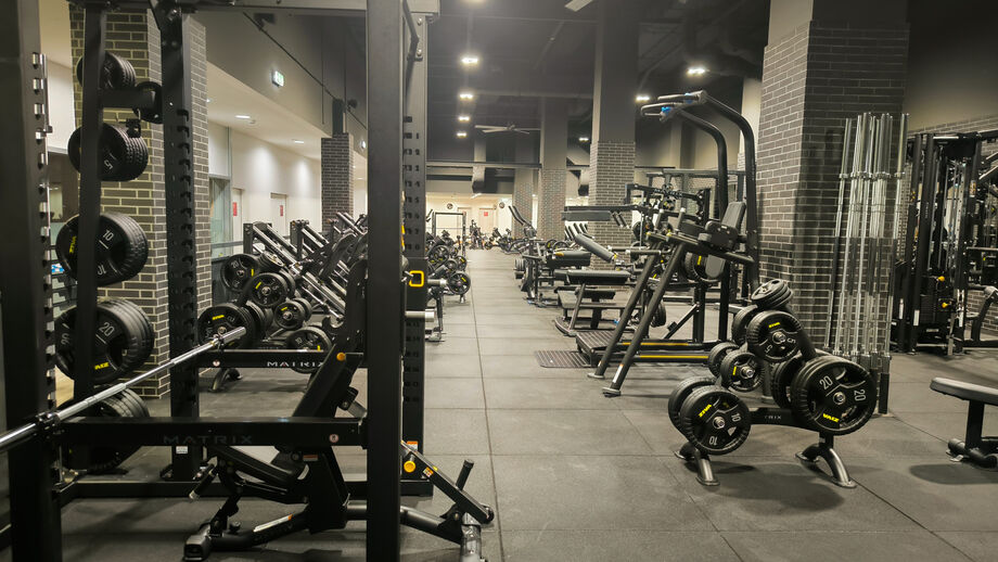 Equipamento variado numa área de pesos num ginásio