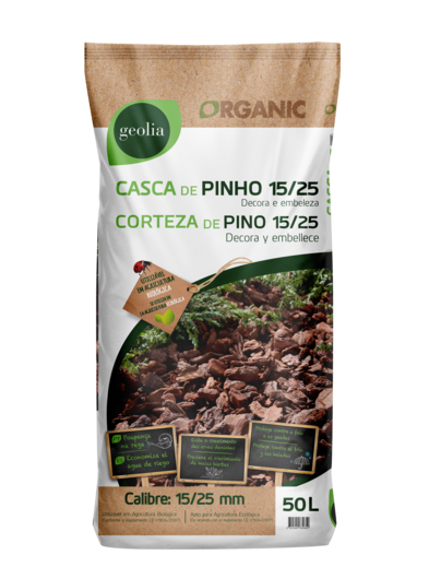 Casca de pinho para decoração e proteção de plantas em agricultura biológica