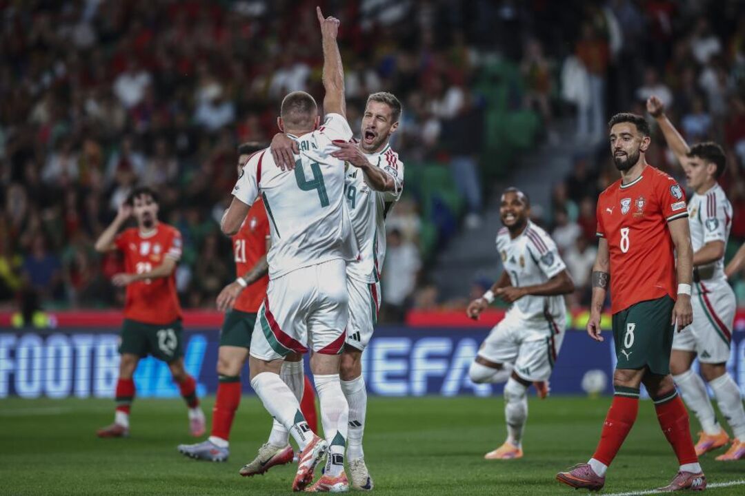 Jogadores celebram golo no jogo Portugal-Hungria