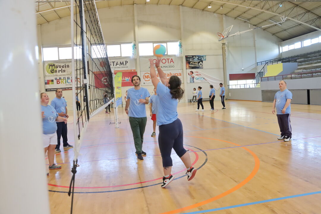 Jogo de voleibol num pavilhão desportivo com jogadores de ambos os sexos