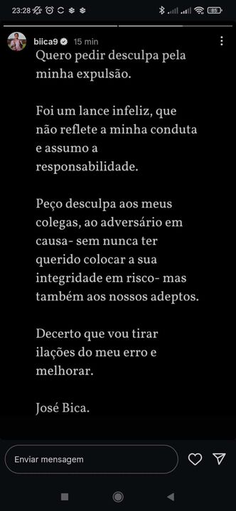 Excerto da publicação de José Bica, onde o avançado assume a culpa pelo lance da expulsão