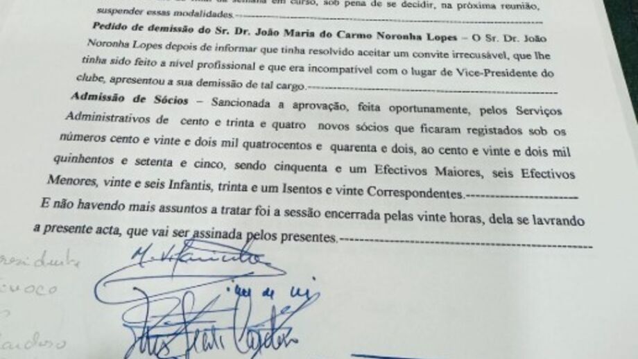 Ata em que Noronha Lopes apresenta a demissão