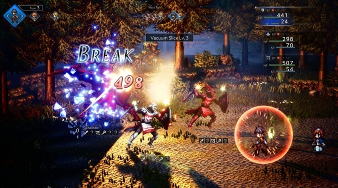 Em Octopath Traveler, Vacuum Slice causa 498 de dano e quebra a defesa do inimigo