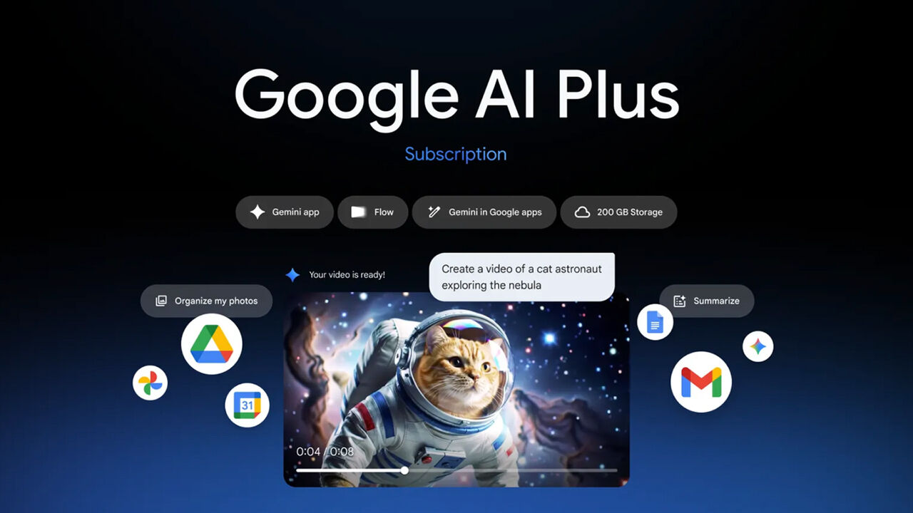 Google AI Plus permite criar vídeos, como um de um gato astronauta na nebulosa