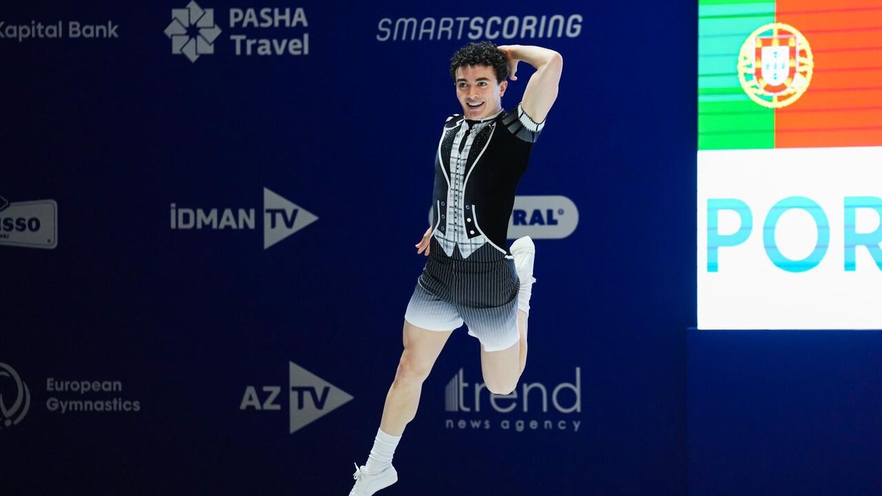 Rui Cansado e Nádia Almeida nas finais do Europeu de ginástica aeróbica em Ganja, Azerbaijão