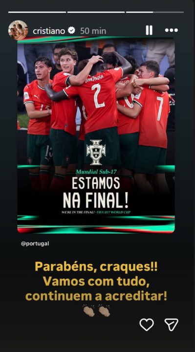 Cristiano Ronaldo felicita a seleção portuguesa sub-17 pela chegada à final do Mundial