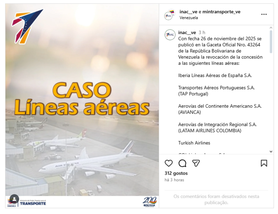 Venezuela revoga concessões de voo de empresas como a TAP e Iberia