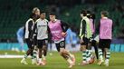 Liga dos Campeões: jogadores do Sporting no aquecimento para o jogo contra o Club Brugge
