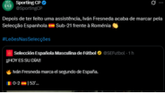 A publicação do Sporting na rede social 'X' sobre o golo de Fresneda pelos sub-21 de Espanha