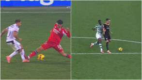 O lance de Sudakov em Guimarães (à esquerda) e o momento entre Diomande e Milovanovic em Alvalade (à direita)