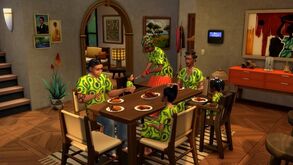 Família reunida à mesa para jantar em casa