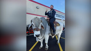 Chamada suspeita acaba com polícia montado num touro em parque de estacionamento nos EUA 