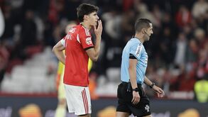 António Silva à conversa com o árbitro Gustavo Correia no final do Benfica-Casa Pia
