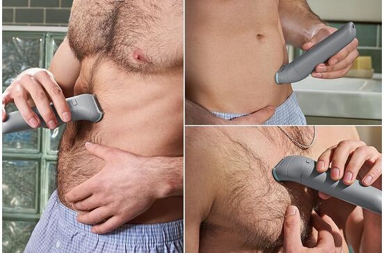 Homem utiliza Philips Série 3000 BG3480 para depilação corporal segura e confortável