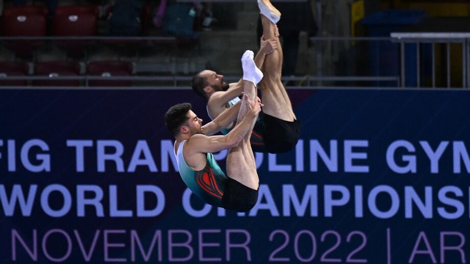 Pedro Ferreira e Diogo Abreu na final dos Mundiais de trampolins em Pamplona, Espanha