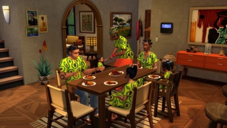 Família reunida à mesa para refeição em The Sims