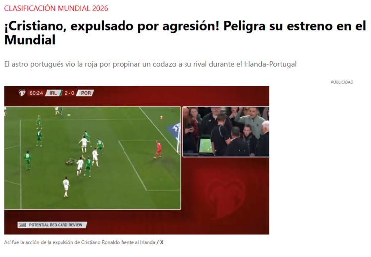 'Sport': «Cristiano foi expulso por agressão. A sua estreia no Mundial está em risco»