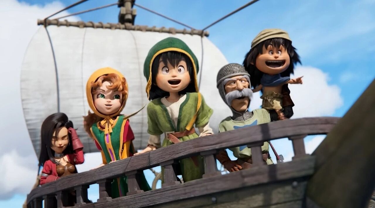 Personagens de Dragon Quest num barco.
