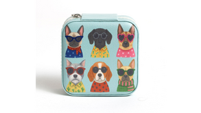 Caixa azul turquesa com ilustrações de cães estilosos