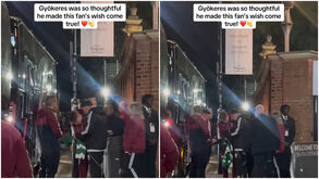 Gyökeres junto ao autocarro do Arsenal em Craven Cottage