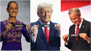 Mark Carney (direita), Claudia Sheinbaum (esquerda) e Donald Trump (centro)