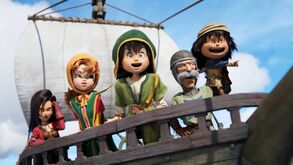 Personagens de Dragon Quest num barco.
