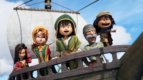 Personagens de Dragon Quest num barco.
