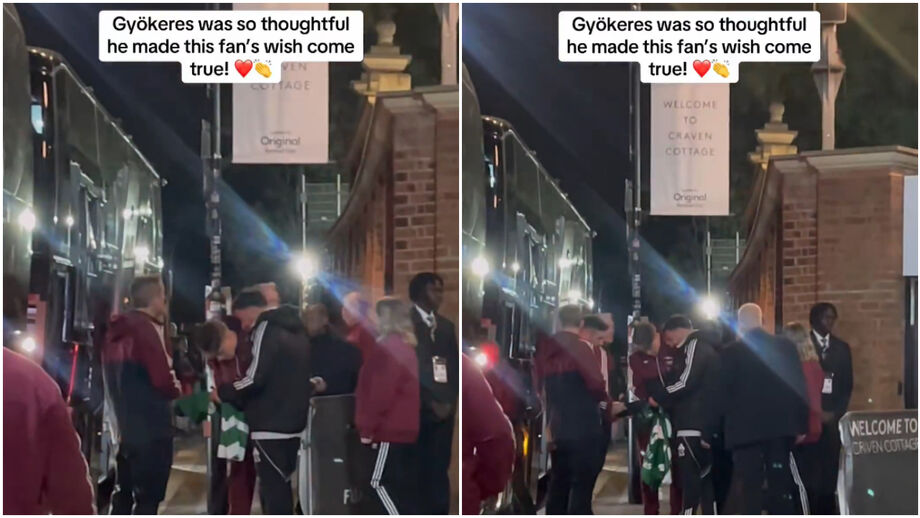 Gyökeres junto ao autocarro do Arsenal em Craven Cottage